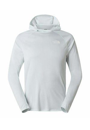 Lysegrå hættetrøje med lange ærmer og en lille hvid The North Face-logo på venstre bryst, fremstillet af tekstureret stof.