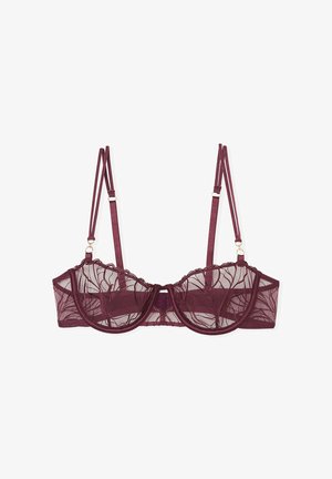 Bordowy koronkowy biustonosz z fiszbinami, półprzezroczystymi miseczkami, regulowanymi ramiączkami oraz złotymi ozdobami. Kwiatowy wzór na koronkowej tkaninie.