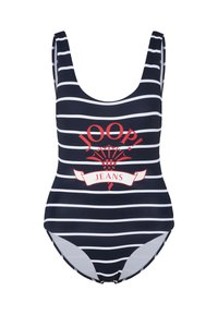 Marineblauwe ééndelige zwempak met witte horizontale strepen en een rood logo met tekst. Heeft een ronde hals en een basic snit. Glad textuur.