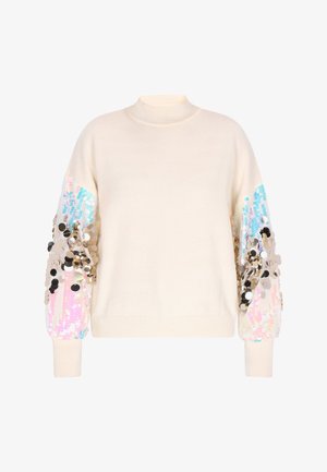 Ivory värvi kootud sviiter kõrge kaelusega. Varrukatel on roosade, siniste ja hõbedaste mitmevärviliste sädelejate muster, lisades tekstuuri ja detaile.