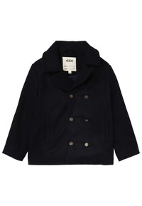 Námornícký modrý dvouřadový kabát vyrobený z měkké tkaniny, s límcem, dvěma předními kapsami a kovovými knoflíky. Viditelná vnitřní etiketa.