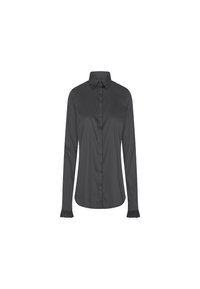 Zwarte blouse met lange mouwen, gemaakt van een gladde stof, met een traditionele kraag, knoopsluiting aan de voorkant en gerimpelde manchetten. Geen patronen of accenten.