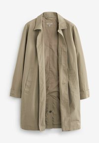 Trench coat in cotone beige con colletto, chiusura frontale a bottoni e due tasche laterali. Presenta una texture liscia e un design lunghezza ginocchio.