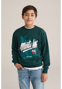 Zaļš džemperis ar kalnu grafiku un lieliem baltiem burtiem "Monte lac" un "LES ALPES". Apvienots ar gaiši ziliem džinsiem.