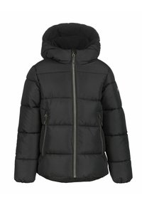 Schwarze Pufferjacke mit Reißverschluss vorne, Kapuze und zwei Seitentaschen. Verfügt über gesteppten Abschnitte und elastische Bündchen für Wärme und Komfort.