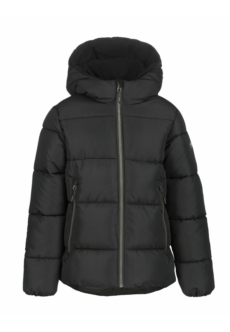 Schwarze Pufferjacke mit Reißverschluss vorne, Kapuze und zwei Seitentaschen. Verfügt über gesteppten Abschnitte und elastische Bündchen für Wärme und Komfort.