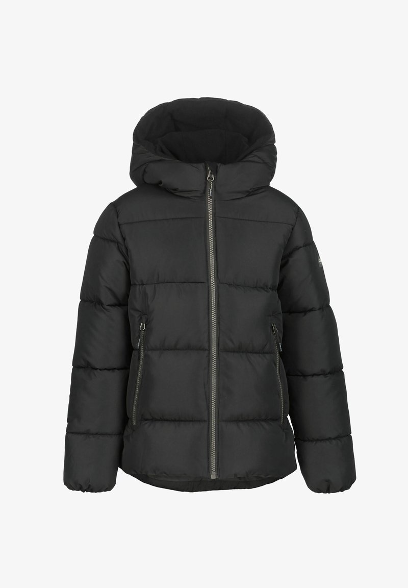 Schwarze Pufferjacke mit Reißverschluss vorne, Kapuze und zwei Seitentaschen. Verfügt über gesteppten Abschnitte und elastische Bündchen für Wärme und Komfort.