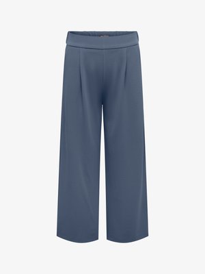 Vide blå bukser med rette ben, høy midje og avslappet passform, med subtile folder foran og uten synlige lommer eller lukkinger.