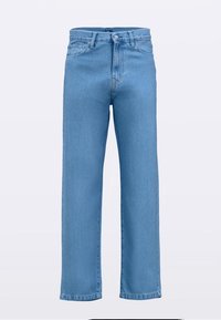 Lichtblauwe denim jeans met een rechte pijp, hoge taille en vijfzakkenontwerp. Voorzien van een knoop- en ritssluiting.