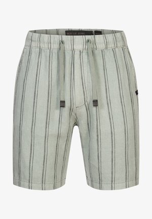 Pantaloni corti verde chiaro con strisce nere verticali, vita elastica, chiusura con cordino e due tasche laterali. Realizzati in un tessuto morbido e testurizzato.