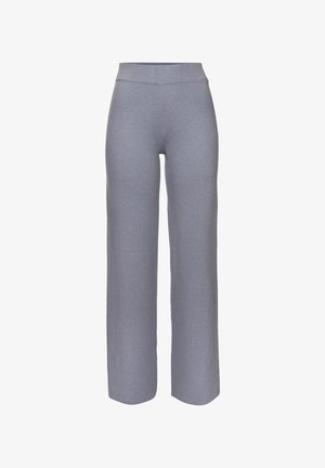 Hellgraue, weit geschnittene Hosen aus einem weichen, dehnbaren Stoff. Verfügt über einen hohen, elastischen Bund und eine glatte Textur. Keine sichtbaren Muster oder Akzente.