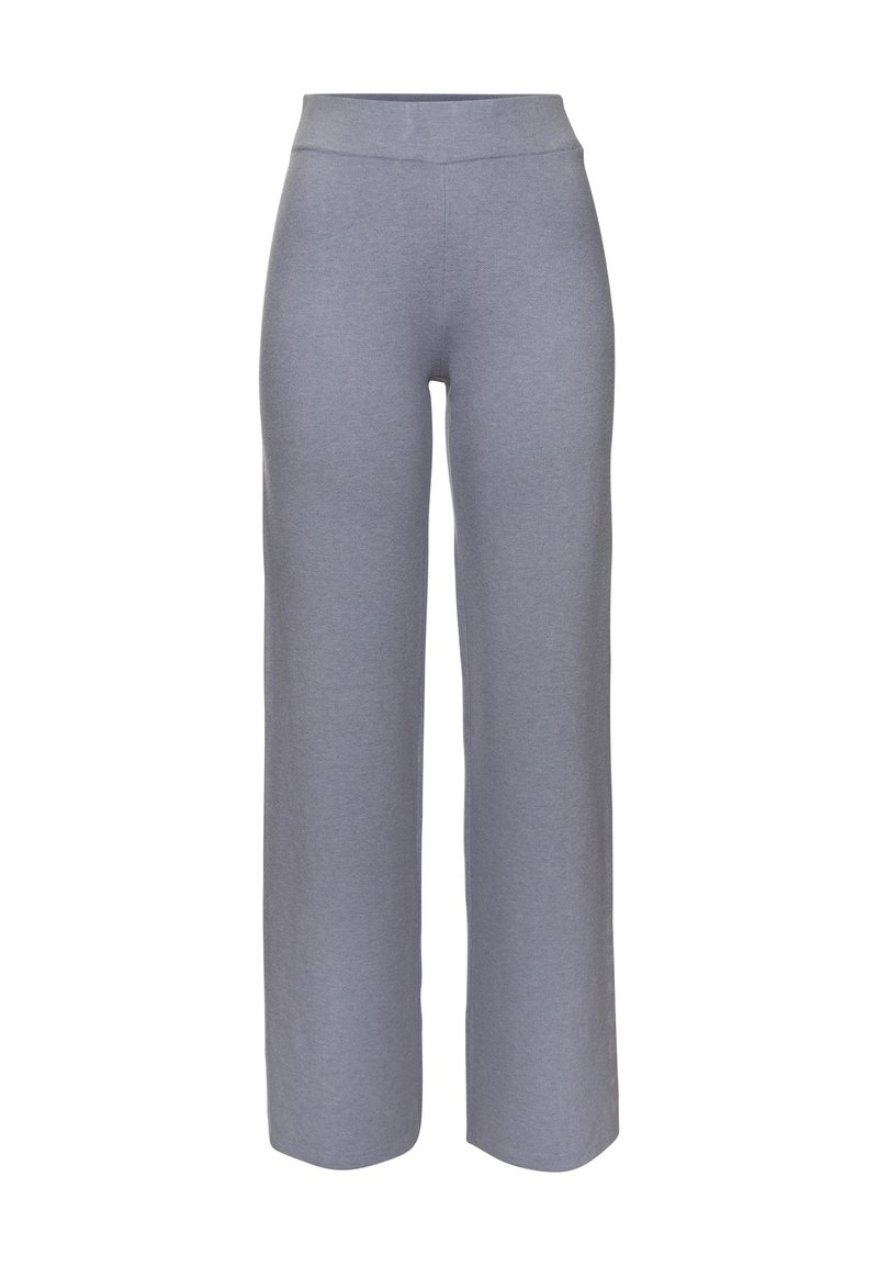 Šviesiai pilki, platūs kelnių modeliai, pagaminti iš švelnios, tamprios medžiagos. Turime aukštą, elastingą liemenį ir glotnią tekstūrą. Nėra matomų raštų ar akcentų.