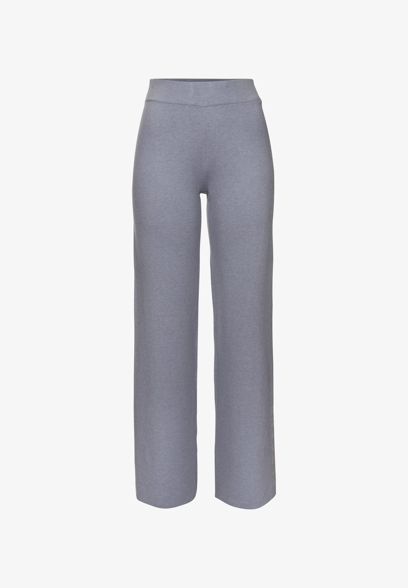 Svijetlosive, široke hlače izrađene od mekanog, rastezljivog materijala. Imaju visok, elastičan pojas i glatku teksturu. Nema vidljivih uzoraka ili detalja.