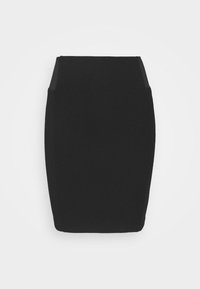 Jupe crayon noire en matière extensible, avec une silhouette ajustée et une taille élastiquée, dotée d'une texture lisse et mate.