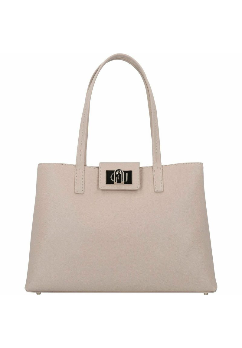 Bolso tote beige hecho de un material sintético texturizado, con dos asas resistentes y un detalle de cierre de hardware negro en la parte frontal.