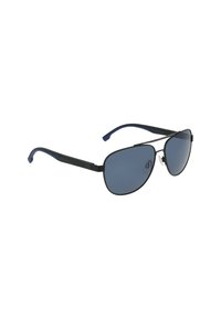 Occhiali da sole aviator con lenti blu, montatura in metallo nero e dettagli blu sulle punte delle aste. Include naselli regolabili.