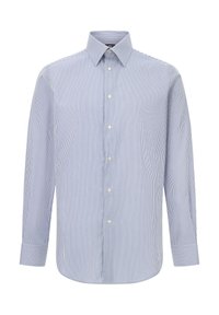 Pánska košeľa s dlhým rukávom v svetlomodrej farbe s bielymi pruhmi, s golierom na gombíky, predným zapínaním a manžetami. Hladká textúra látky.