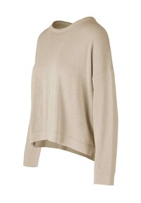 Maglione beige lavorato a maglia con una vestibilità rilassata, scollo ampio e design con spalla cadente. Texture liscia con orlo cropped e maniche lunghe.