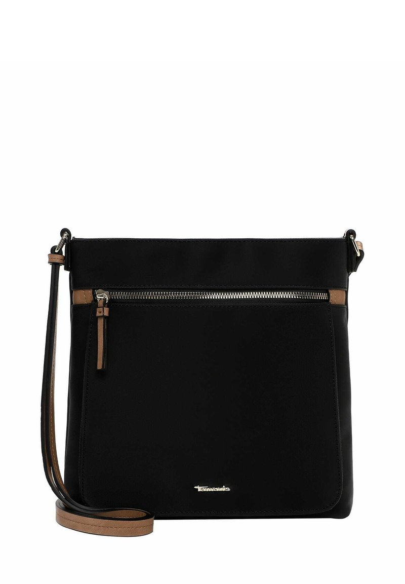 Borsa a tracolla nera realizzata in materiale morbido, con tasca frontale con zip, dettagli in pelle marrone e tracolla removibile.
