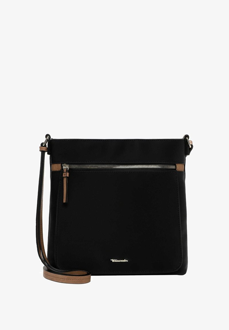 Schwarze Umhängetasche aus glattem Material, mit einer vorderen Reißverschlusstasche, braunen Lederelementen und einem abnehmbaren Träger.