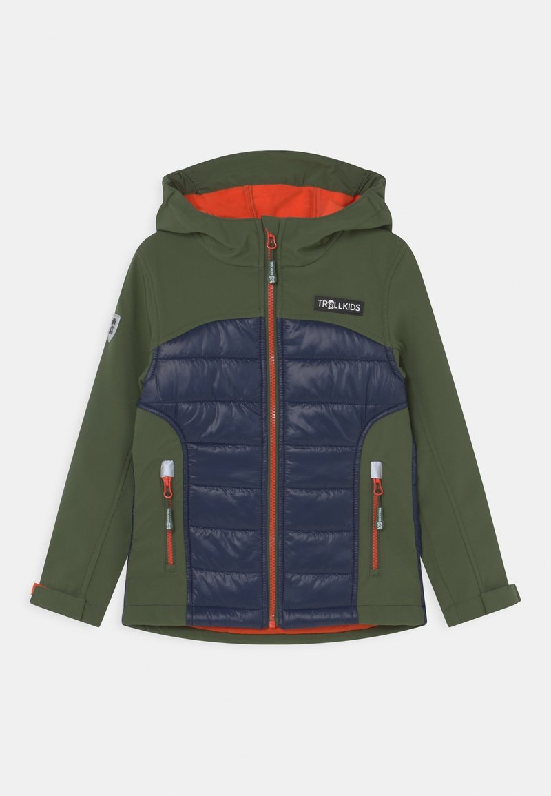 Khaki and navy jacket with a hood. Features padded front, zippered pockets, and orange accent at the interior. Made from soft, durable materials.