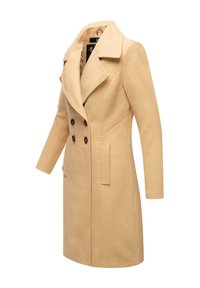 Beige wollen blend jas met een dubbelzijdige voorkant, grote revers, twee zijzakken en zwarte knopen, met een getailleerde pasvorm.