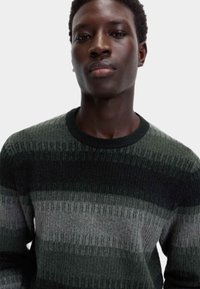 Strickpullover mit dunklen grünen, hellgrauen und anthrazitfarbenen horizontalen Streifen. Strukturierter Stoff mit geripptem Rundhalsausschnitt.