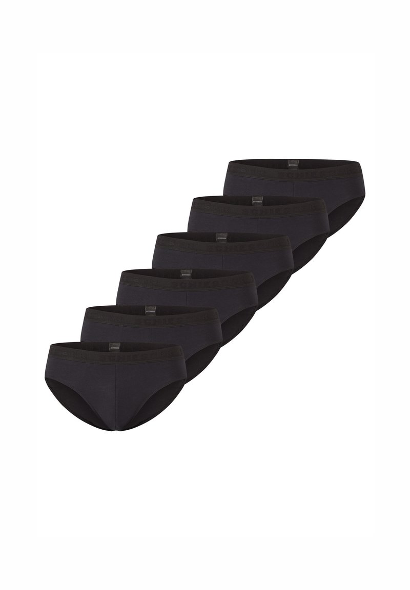 Ein Set aus sechs schwarzen Baumwollslips mit elastischen Bündchen, die eine glatte Textur und einen Standardschnitt aufweisen.