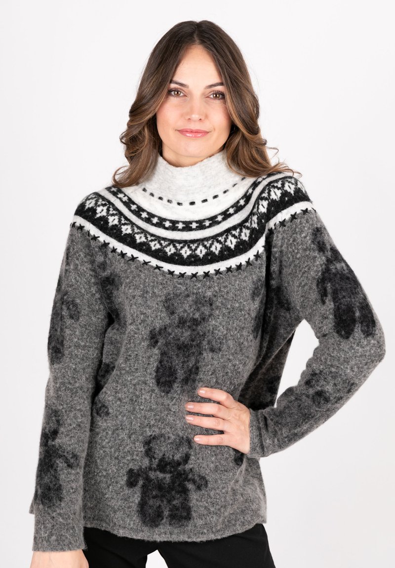 Gray wool sweater featuring a white high collar and black patterned yoke, with faded black bear designs across the body. Long sleeves.