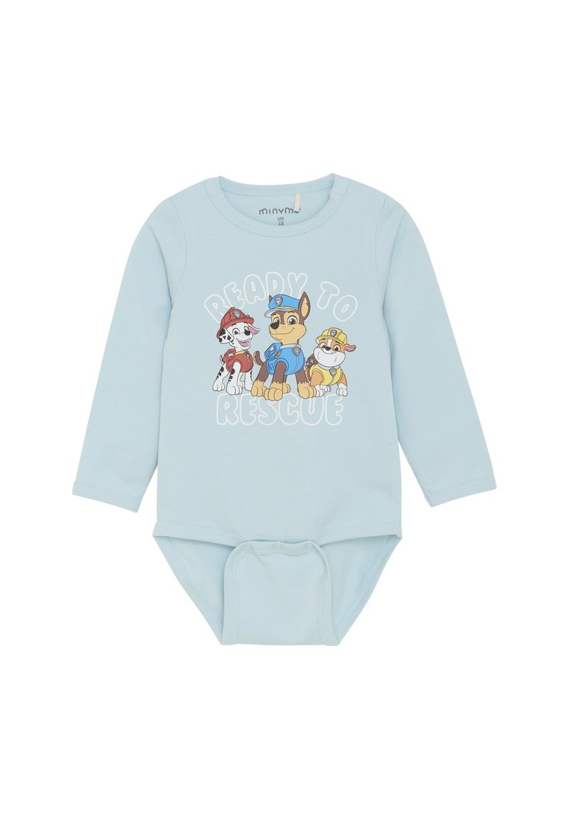 Jasnoniebieski bodysuit z długim rękawem wykonany z miękkiego materiału, z postaciami z kreskówek oraz napisem "GOTOWY DO RATUNKU" w białym kolorze.