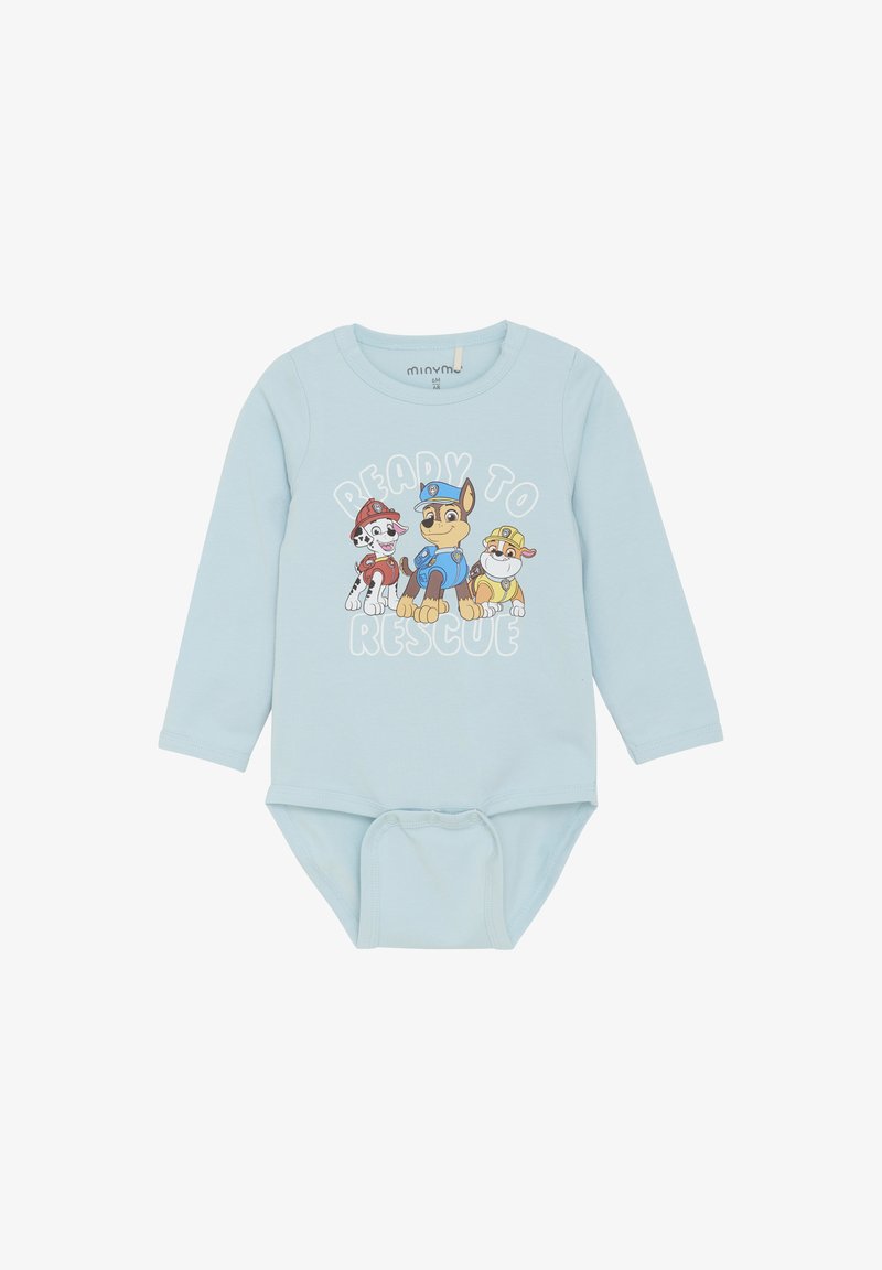 Jasnoniebieski bodysuit z długim rękawem wykonany z miękkiego materiału, z postaciami z kreskówek oraz napisem "GOTOWY DO RATUNKU" w białym kolorze.