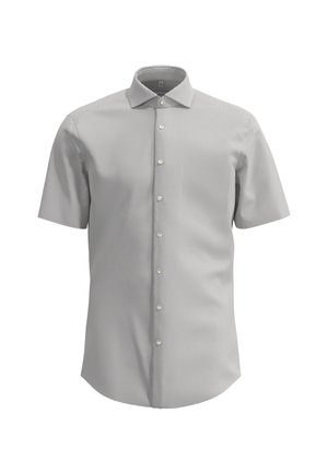 Korte mouwen overhemd in een lichtgrijs ruitpatroon, gemaakt van gladde stof met een puntkraag en knoopsluiting aan de voorkant.