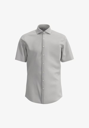Koszula z krótkim rękawem w jasnoszary w kratkę, wykonana z gładkiego materiału, z kołnierzykiem w szpic i zapięciem na guziki z przodu.