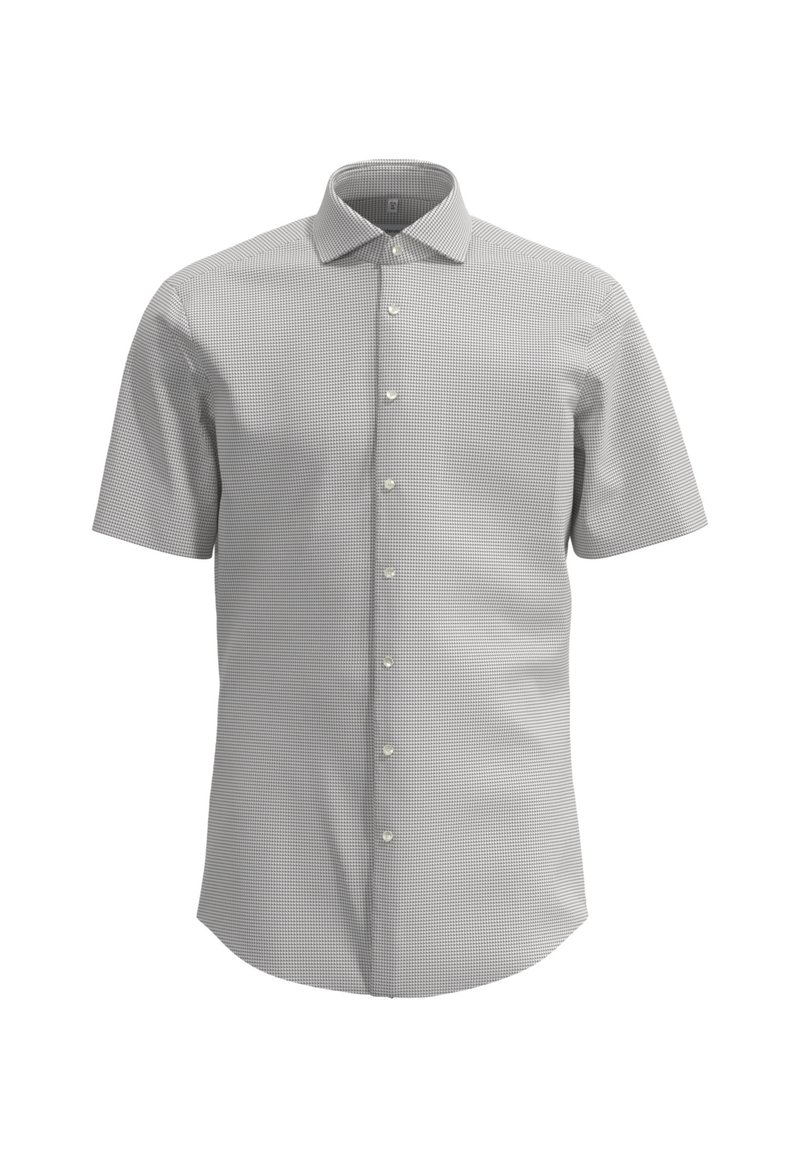 Korte mouwen overhemd in een lichtgrijs ruitpatroon, gemaakt van gladde stof met een puntkraag en knoopsluiting aan de voorkant.