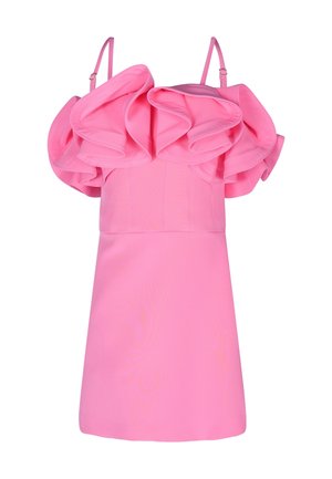 Różowa sukienka z falbanami, warstwowanymi krótkimi rękawami i regulowanymi ramiączkami. Gładka tkanina, dopasowany gorset i rozkloszowany fason spódnicy.