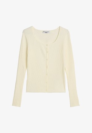 Cream-colored ribbed long-sleeve cardigan with round neckline and front button closure, labeled Marc O'Polo Denim.