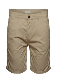 Beżowe szorty wykonane z lekkiego materiału; mają zapięcie na guzik, podwinięte mankiety oraz kieszenie po bokach, z płaskimi szwami z przodu i z tyłu.