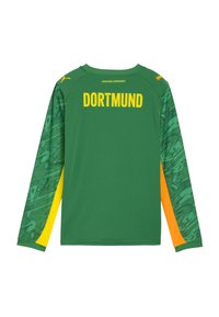 Pitkähihainen vihreä urheilu paita, jossa on keltainen "DORTMUND"-teksti ja kuviolliset vihreät hihansuut, joissa on keltaisia ja oransseja paneeleita.