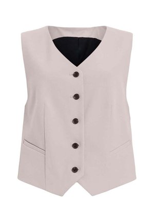 Light pink sleeveless vest with a v-neckline, five brown buttons, and two side pockets. Fabric appears smooth with no visible patterns.