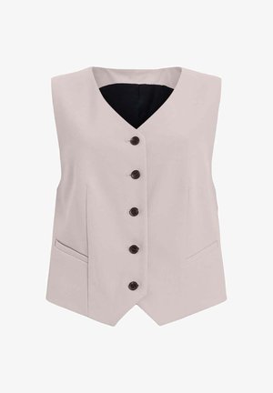 Lys pink ærmeløs vest med v-hals, fem brune knapper og to sidelommer. Stoffet ser glat ud uden synlige mønstre.