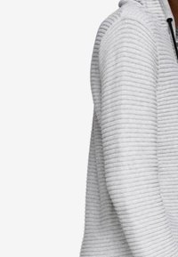 Ljusgrå zip-up hoodie med vertikalt ribbat mönster, dragsko på huvan och svarta detaljer på dragkedjan.