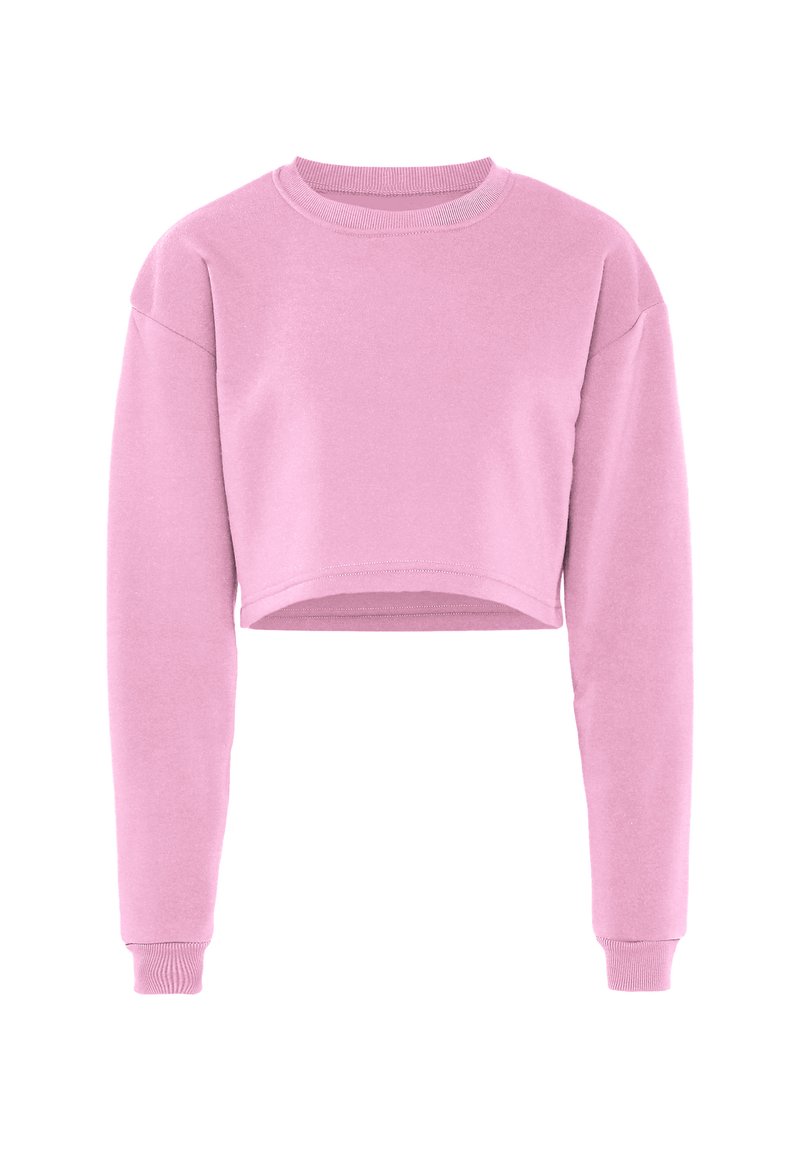 Afgeknotte sweatshirt van zacht roze materiaal, met lange mouwen, ribbelboorden en een ronde hals. Gladde textuur en minimalistisch ontwerp.