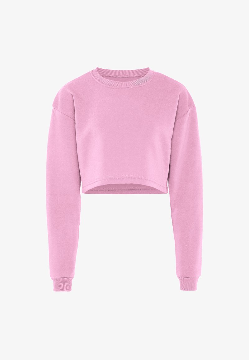 Afgeknotte sweatshirt van zacht roze materiaal, met lange mouwen, ribbelboorden en een ronde hals. Gladde textuur en minimalistisch ontwerp.