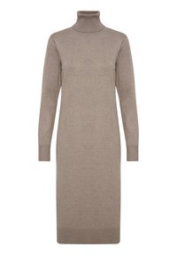 Robe pull col roulé beige à manches longues, poignets et ourlet côtelés. Texture lisse avec un motif vertical subtil sur toute la surface.