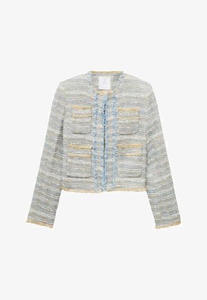 Krojena jakna iz teksturirane, večbarvne tkanine v modri in kremni barvi, z dvema sprednjima žepoma in raztrganimi robovi.