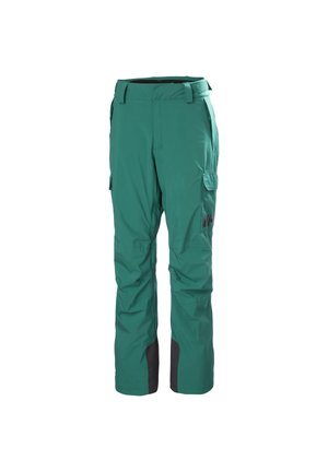 Tyrkysové lyžařské kalhoty vyrobené z voděodolného materiálu, s rovnými nohavicemi, nastavitelným pasem, bočními kapsami a černými akcenty.