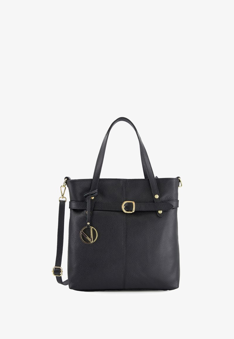 Black leather tote bag with textured finish, gold hardware accents, dual handles, and an adjustable shoulder strap featuring a decorative charm.