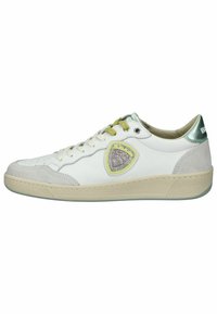 White leather sneaker with grey suede accents, green and yellow details, round toe, lace closure, and textured rubber sole.