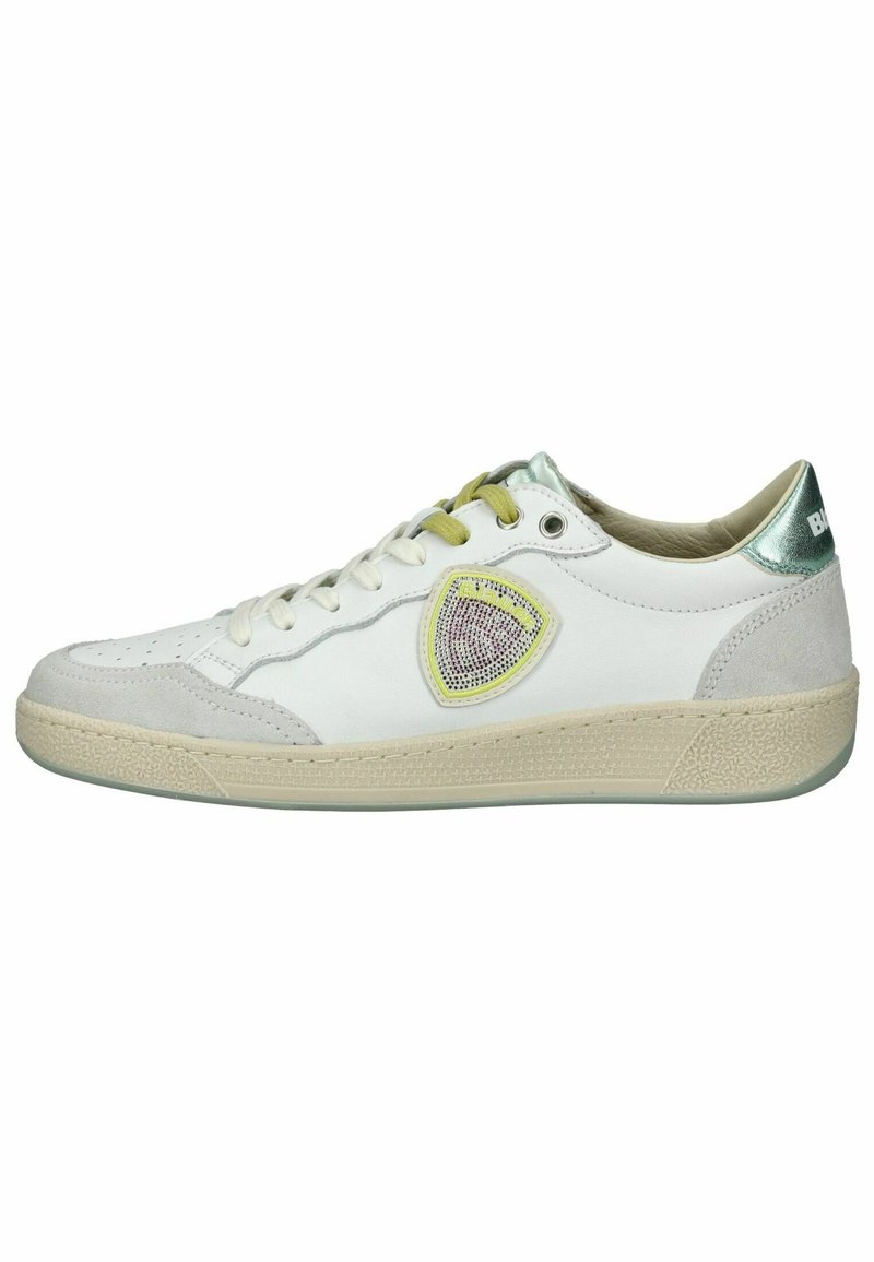 White leather sneaker with grey suede accents, green and yellow details, round toe, lace closure, and textured rubber sole.