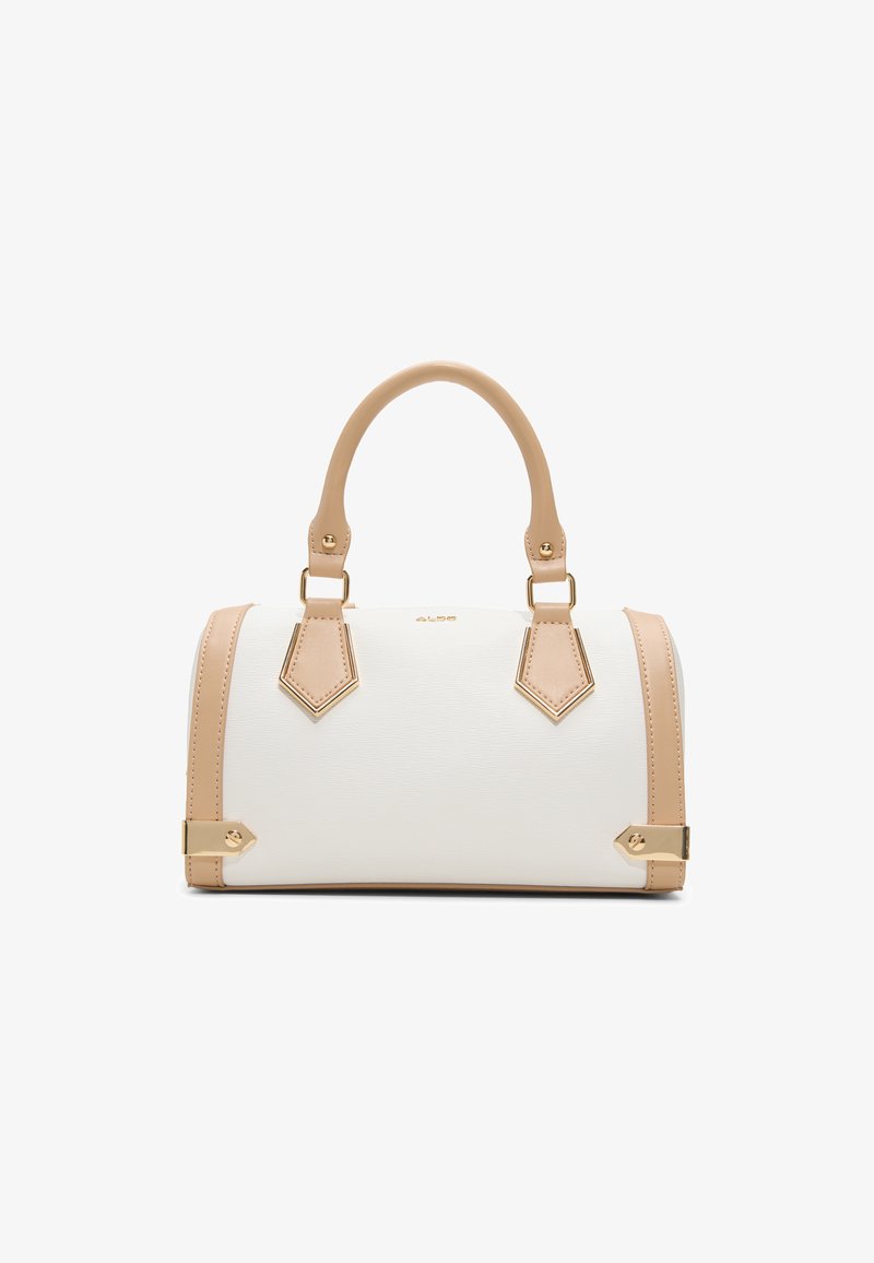 Borsa bianca con dettagli in pelle beige, forma arrotondata, due manici corti, accessori dorati e dettagli a forma di diamante sui lati.